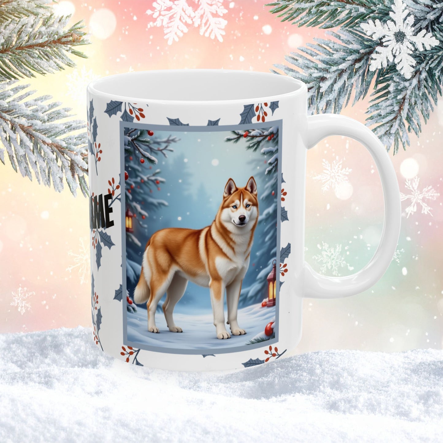 Husky (Sable & White) Winter Mug - sable and white husky illustrated standing in a winter scene with frosted trees