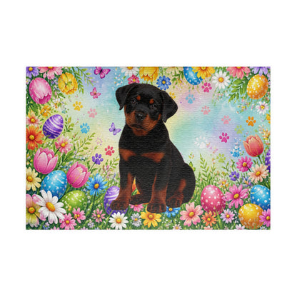 Rottweiler (Black & Mahogany) Easter Puppy Puzzle - Spring Garden with Eggs and Wildflowers