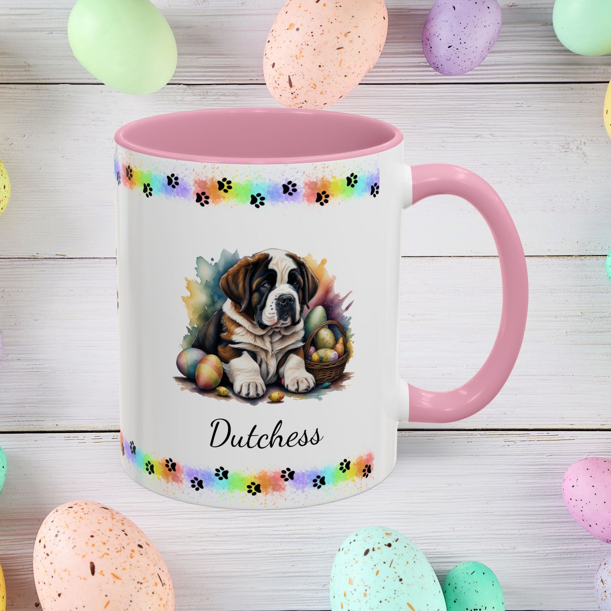 Saint Bernard: Personalized Easter Puppy Coffee Mug - Adorable Dog Design, Mental Health Gift, 11oz & 15oz, 12 Color Choices, Easter Gifts & Décor