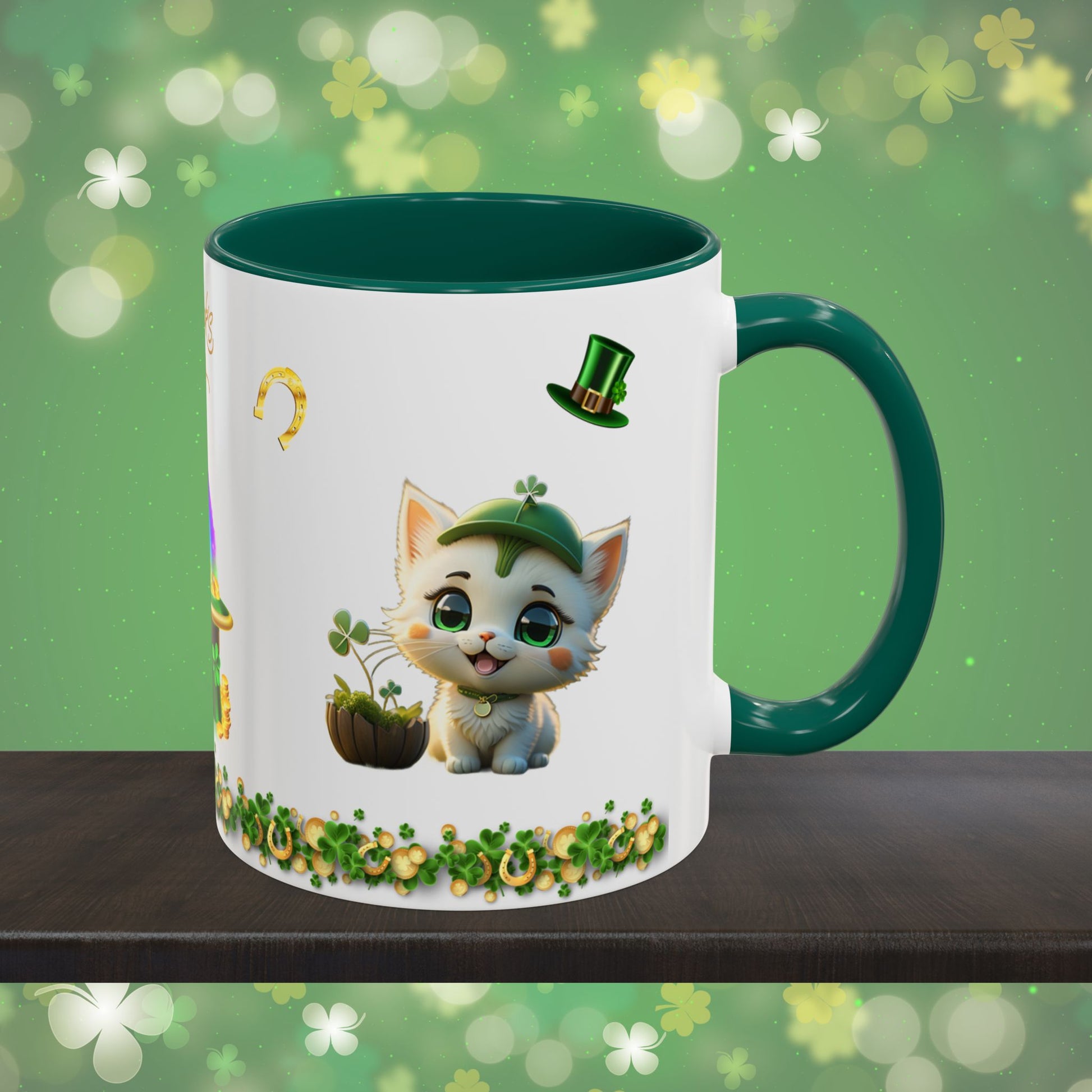 Clover Comfort Cat: St. Patrick's Day Two-Tone Coffee Mug - Festive Ceramic Mug for Positivity & Mindfulness