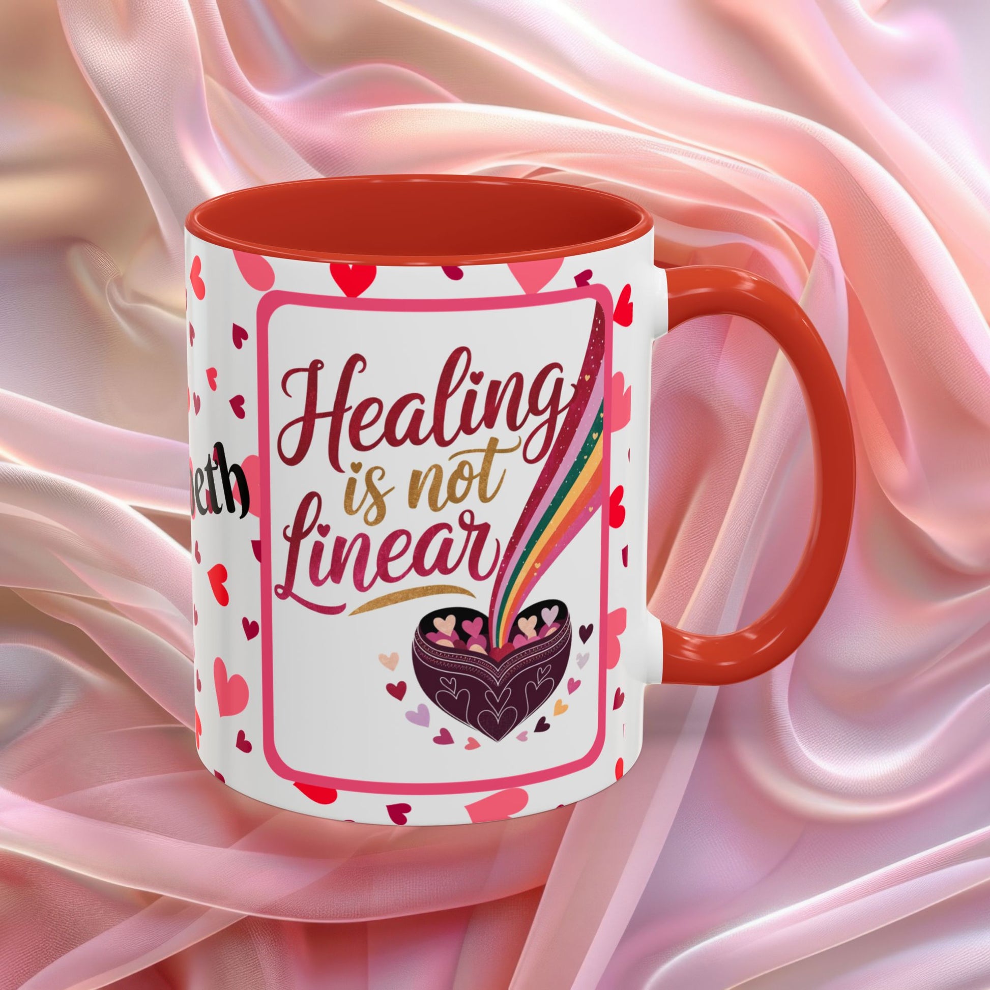 Healing Is Not Linear Valentines mug offering comfort and resilience, Valentine themed affirmation coffee cup