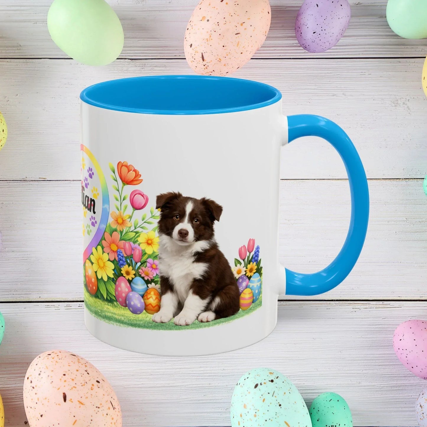 Shop our border collie chocolate white puppy easter mug featuring the 11oz style option from MySisterIsASurvivor.