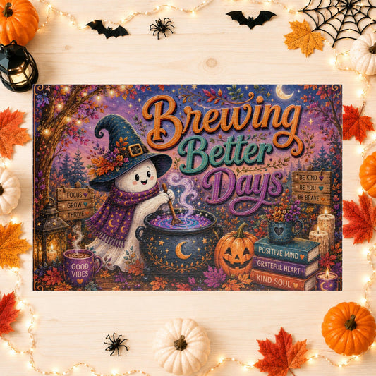 Brewing Better Days Halloween puzzle with ghost stirring cauldron, good vibes mug, and affirmation books