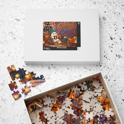 Creepin It Cozy Halloween Puzzle - Ghost in Beanie Reading by Candlelight with Pumpkin Spice Books