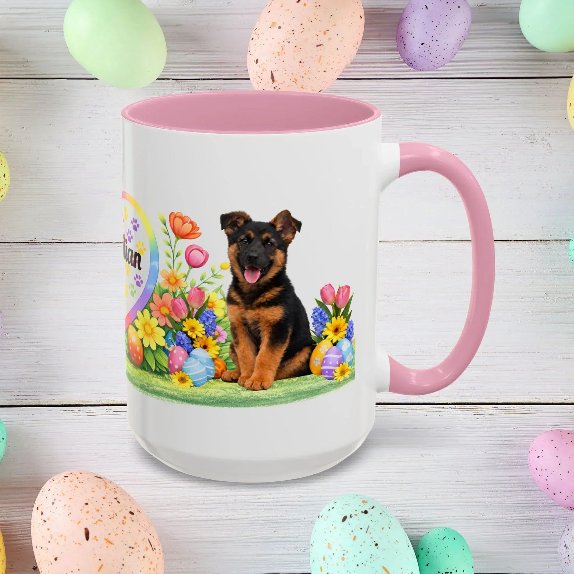 Shop our german shepherd black red puppy easter mug featuring the 15oz style option from MySisterIsASurvivor.