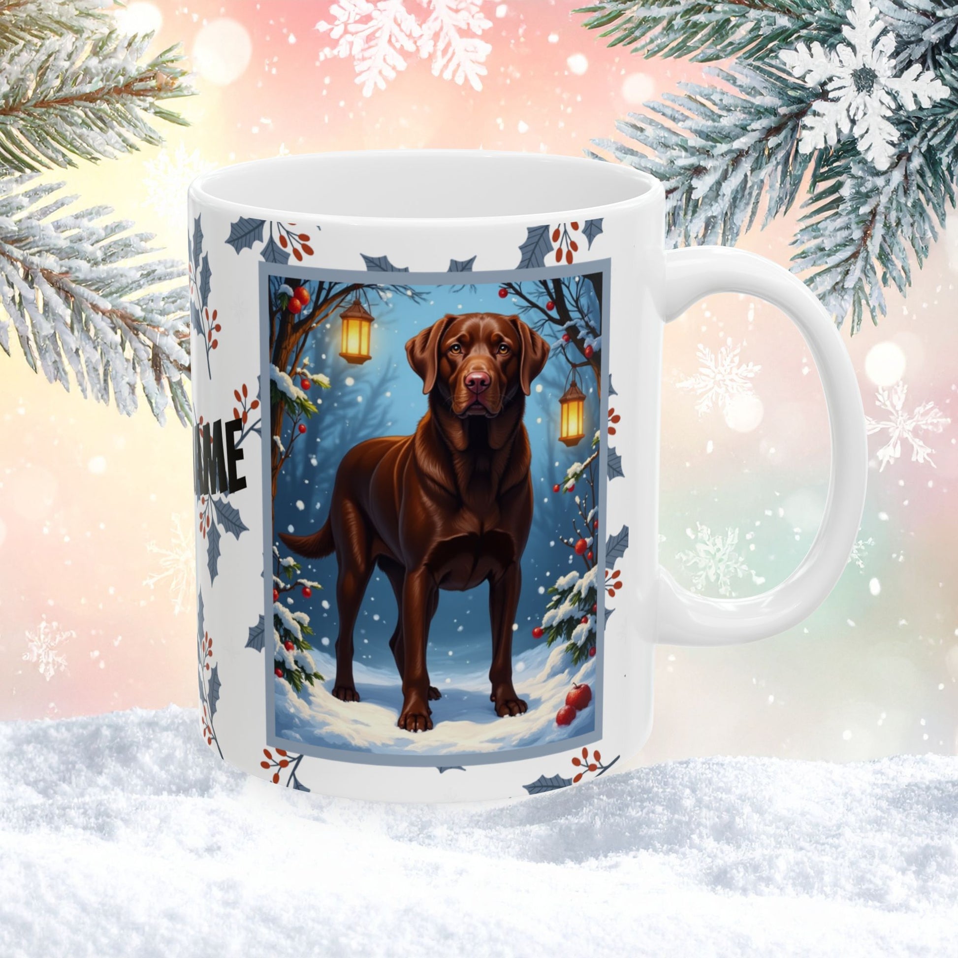Labrador Retriever (Chocolate) Winter Mug - chocolate lab illustrated standing in a cozy winter setting with snowy details