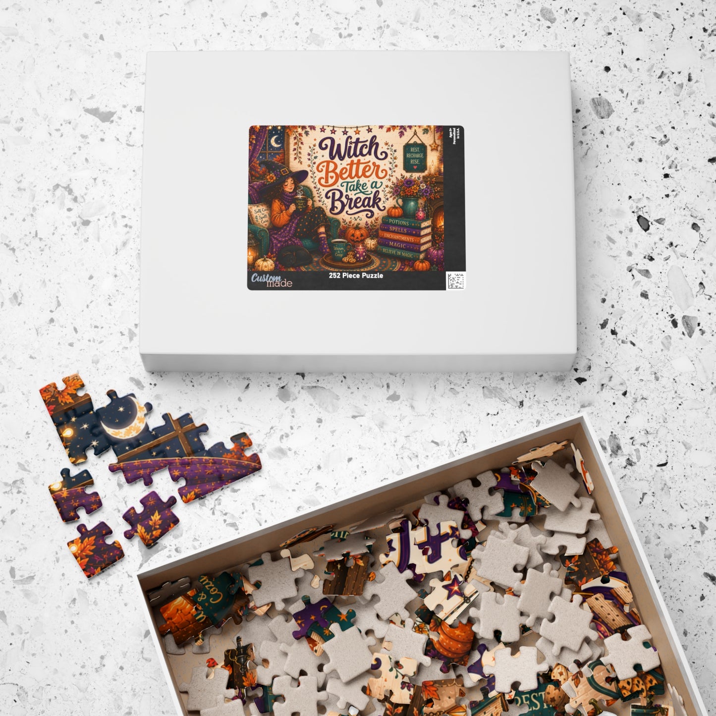 Witch Better Take a Break Halloween Puzzle - Witch in Armchair with Self Care is a Spell Pillow and Magic Books