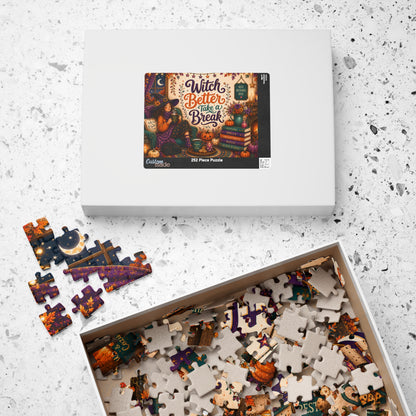 Witch Better Take a Break Halloween Puzzle - Witch in Armchair with Self Care is a Spell Pillow and Magic Books