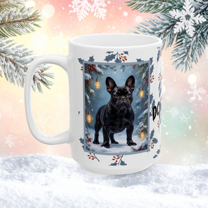 French Bulldog (Black) Winter Mug - black French Bulldog illustrated standing in a cozy winter scene with snow and pine accents