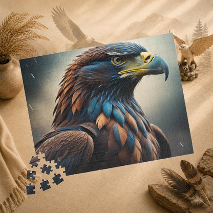 Talon Resilience - Brooding Eagle Portrait Puzzle with Dark Blue Feathers on Stormy Rainy Background