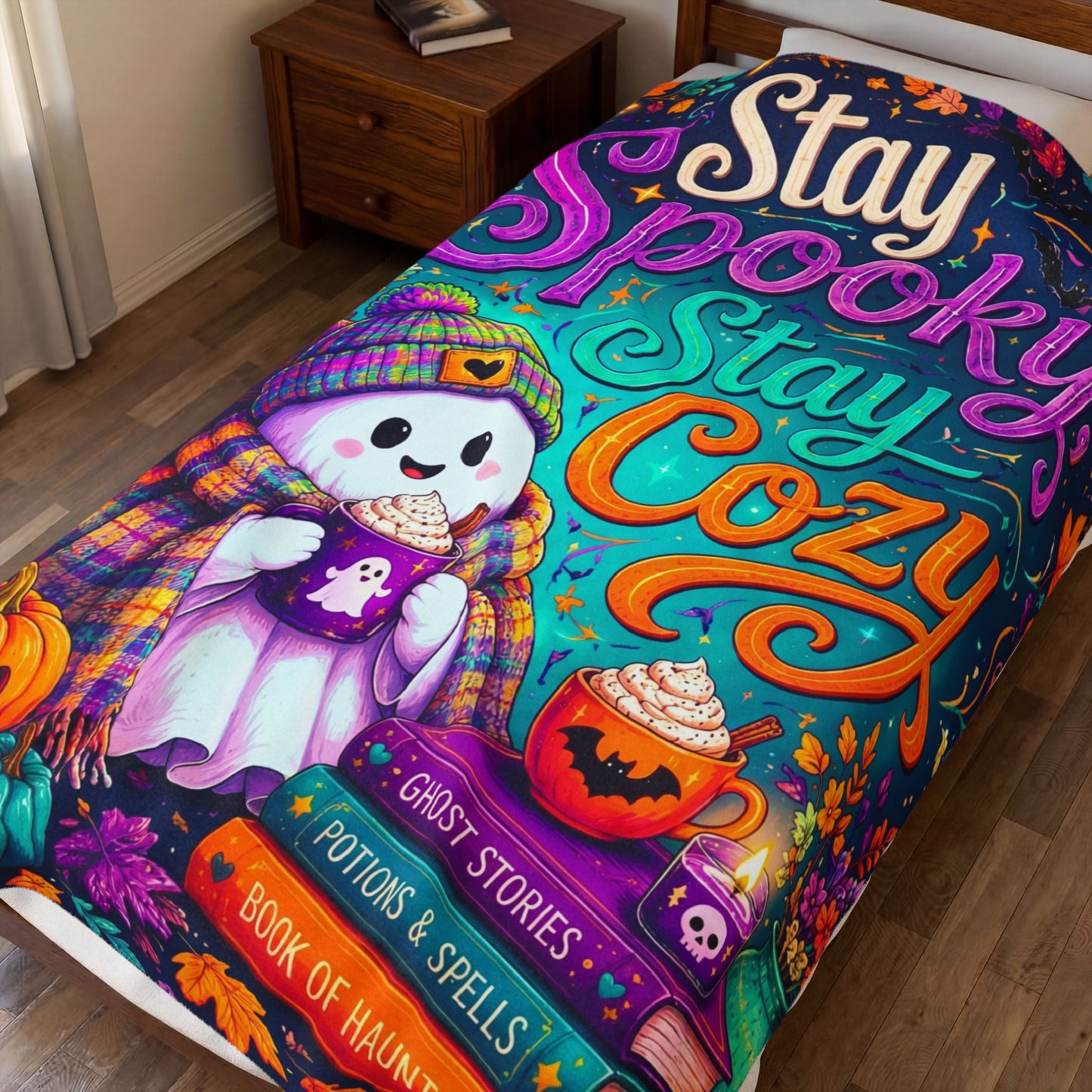 Stay Spooky Stay Cozy Velveteen Blanket - Ghost with Ghost Mug and Ghost Stories Book of Haunts Books
