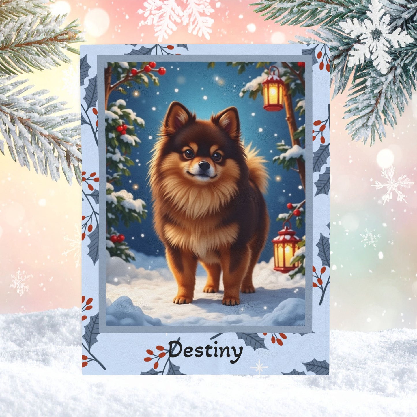 Pomeranian Chocolate and Tan personalized winter throw with fluffy Pom art in a glowing snowy lodge background