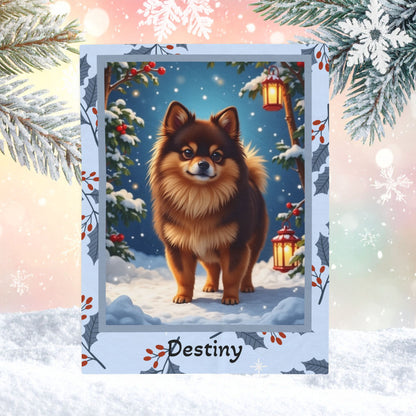 Pomeranian Chocolate and Tan personalized winter throw with fluffy Pom art in a glowing snowy lodge background
