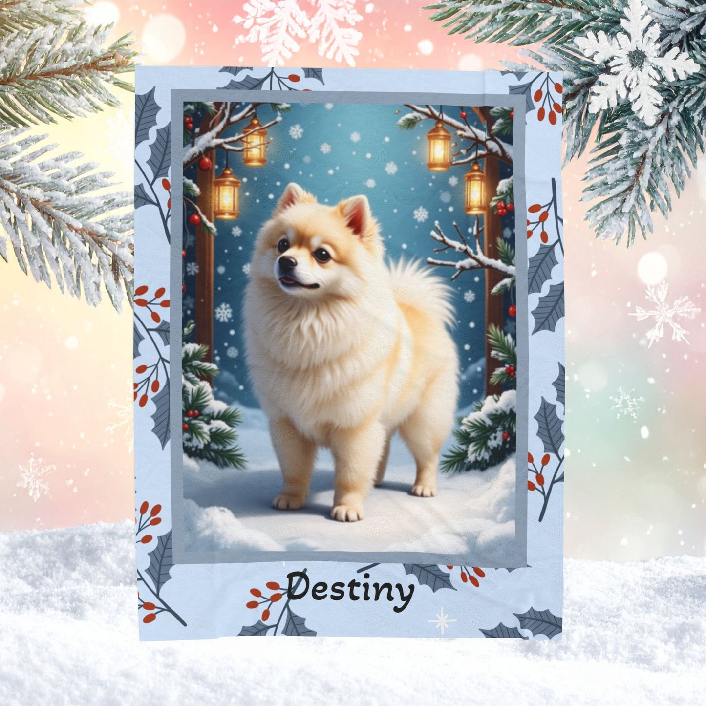 Pomeranian White and Cream personalized winter throw featuring a fluffy Pom in a glowing lodge winter scene
