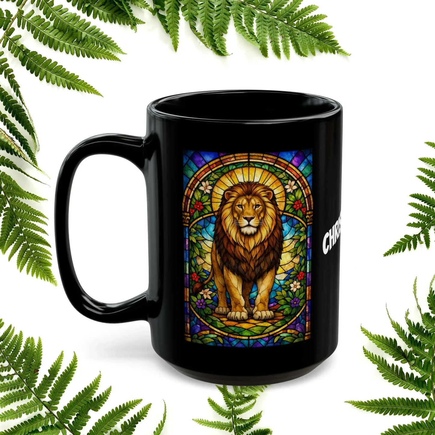Shop our premium lion stained glass style black mug from MySisterIsASurvivor.