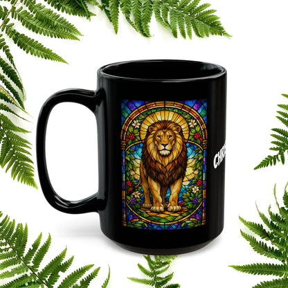 Shop our premium lion stained glass style black mug from MySisterIsASurvivor.