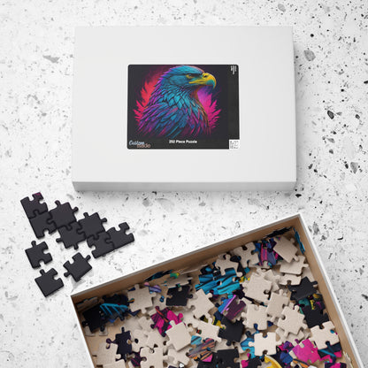Triumphant Talons - Blacklight Neon Eagle Head Puzzle with Teal and Purple Feathers on Deep Black