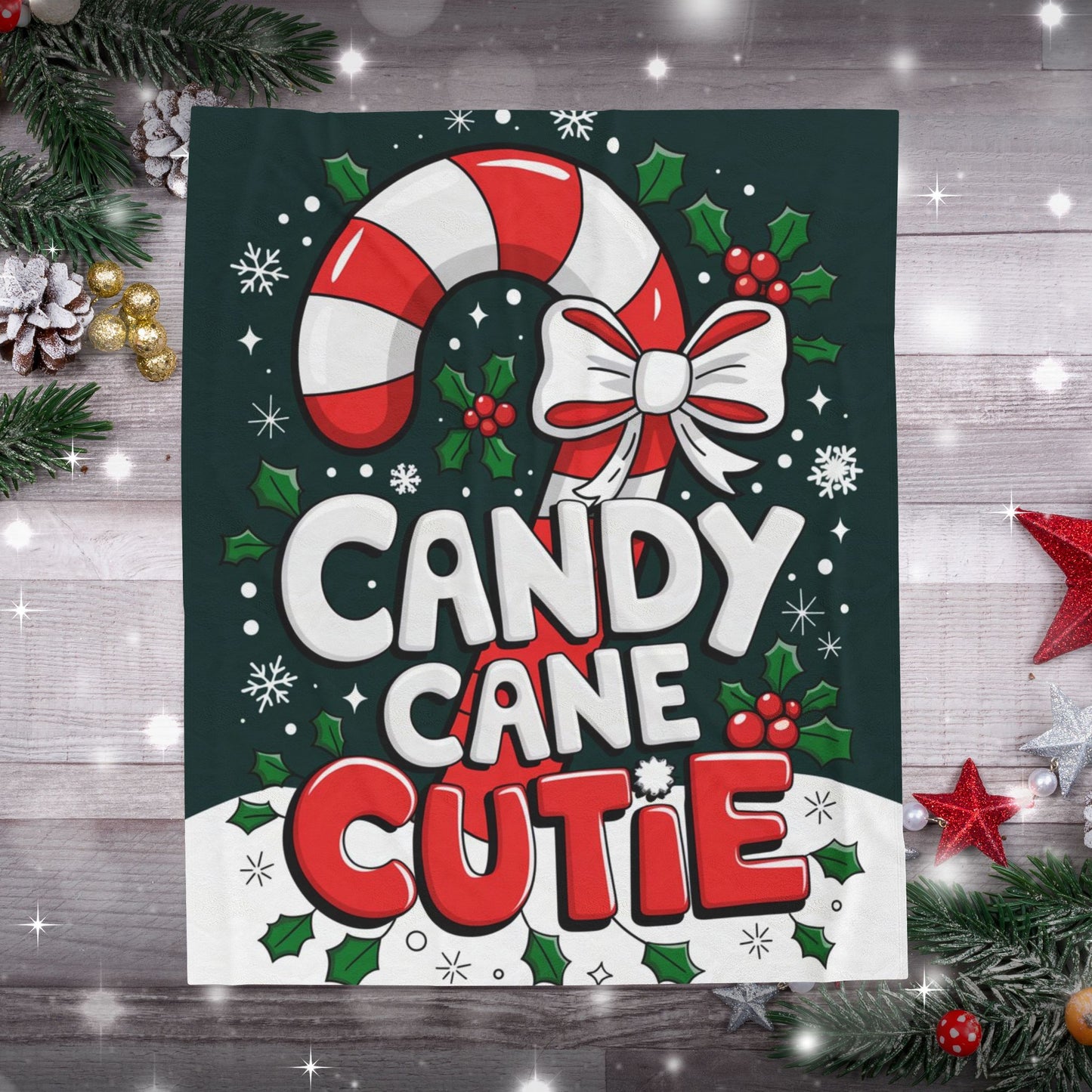 Cute Christmas blanket “Candy Cane Cutie” with fun holiday design, cozy festive throw for winter nights
