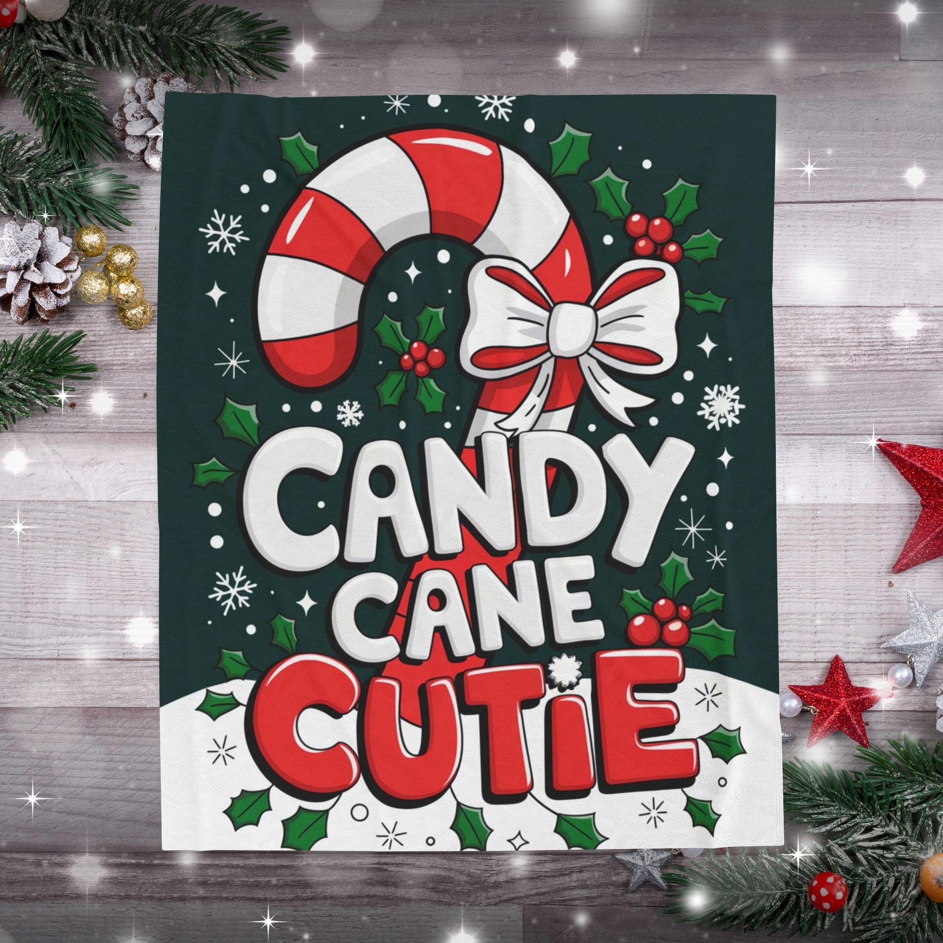 Cute Christmas blanket “Candy Cane Cutie” with fun holiday design, cozy festive throw for winter nights