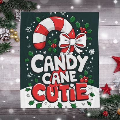 Cute Christmas blanket “Candy Cane Cutie” with fun holiday design, cozy festive throw for winter nights
