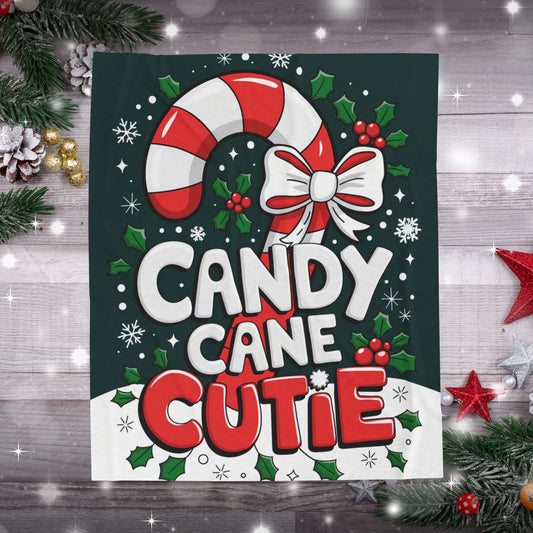 Cute Christmas blanket “Candy Cane Cutie” with fun holiday design, cozy festive throw for winter nights