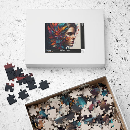 Resilience Palette - Woman's Portrait Puzzle with Colorful Feathers Exploding from Dark Background