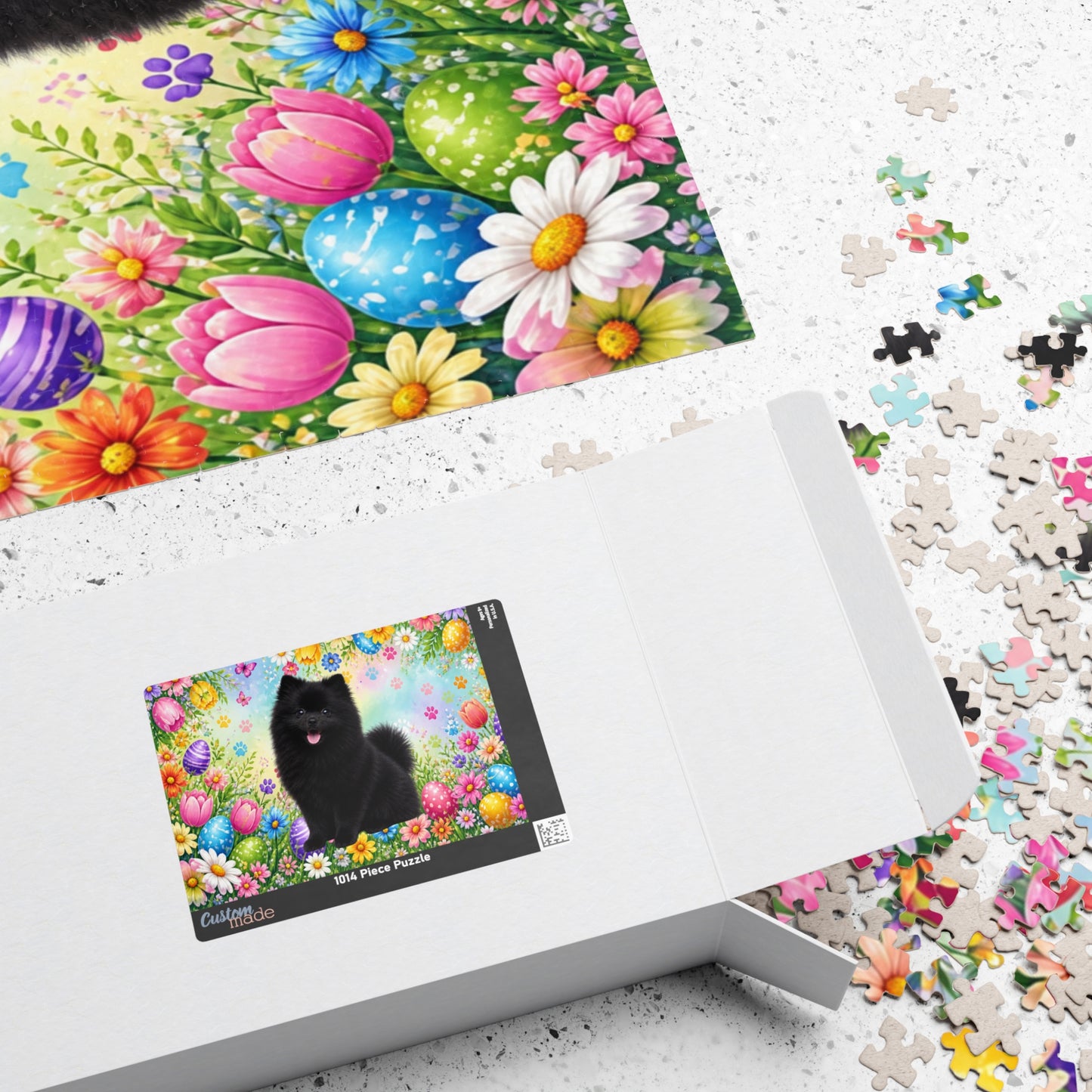 Pomeranian (Black) Easter Puppy Puzzle - Spring Garden with Eggs, Tulips, and Daisies