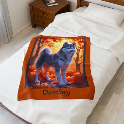 Dark Grey Husky amber eyes velveteen plush blanket, personalized dog throw for Husky fans - MySisterIsASurvivor