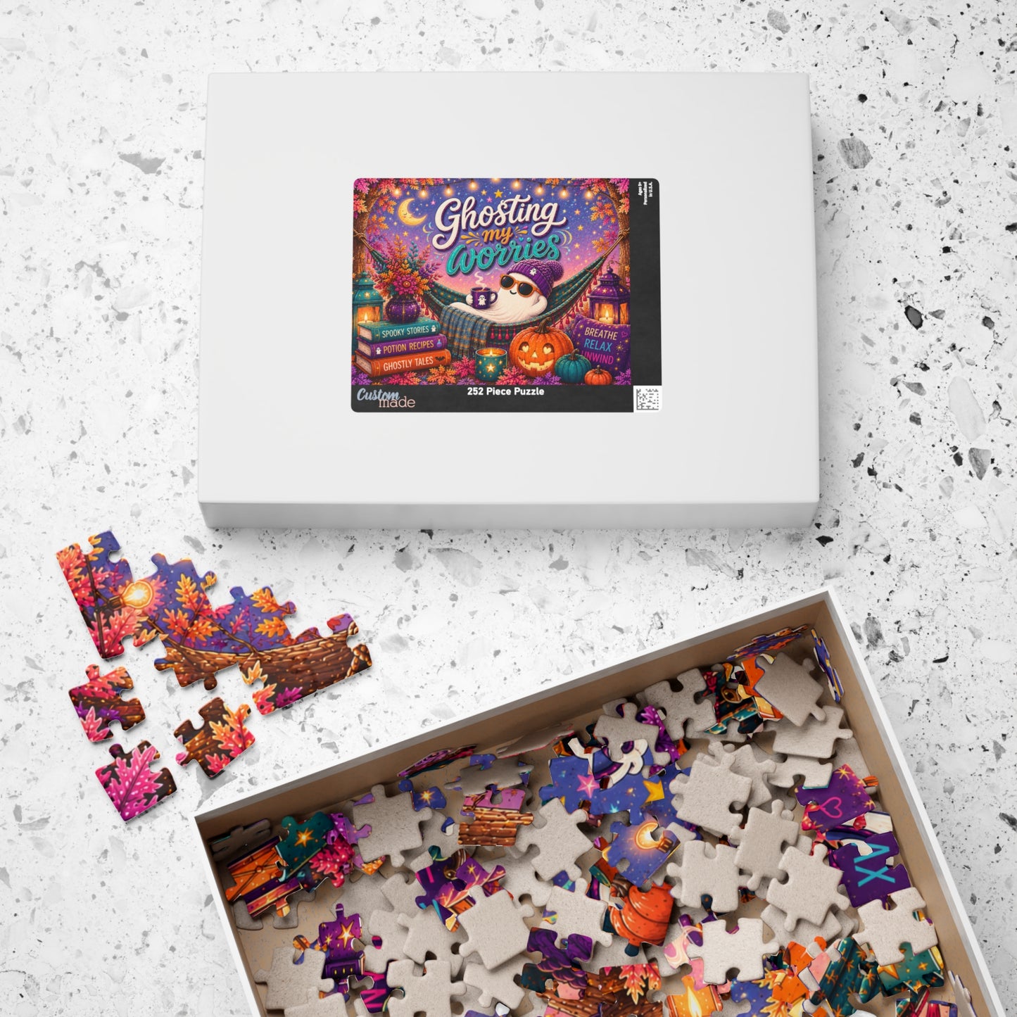 Ghosting My Worries Halloween Puzzle - Unbothered Ghost in Hammock with Breathe Relax Unwind Pillow