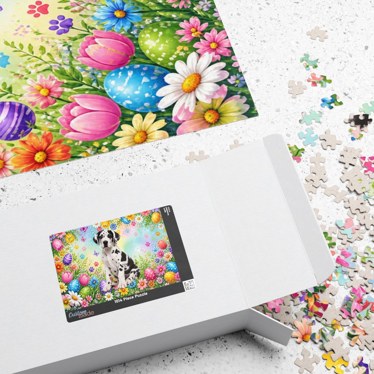 Great Dane (Harlequin) Easter Puppy Puzzle - Spring Garden with Eggs, Tulips, and Daisies