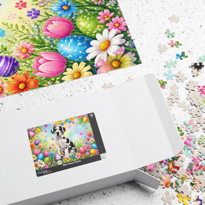 Great Dane (Harlequin) Easter Puppy Puzzle - Spring Garden with Eggs, Tulips, and Daisies