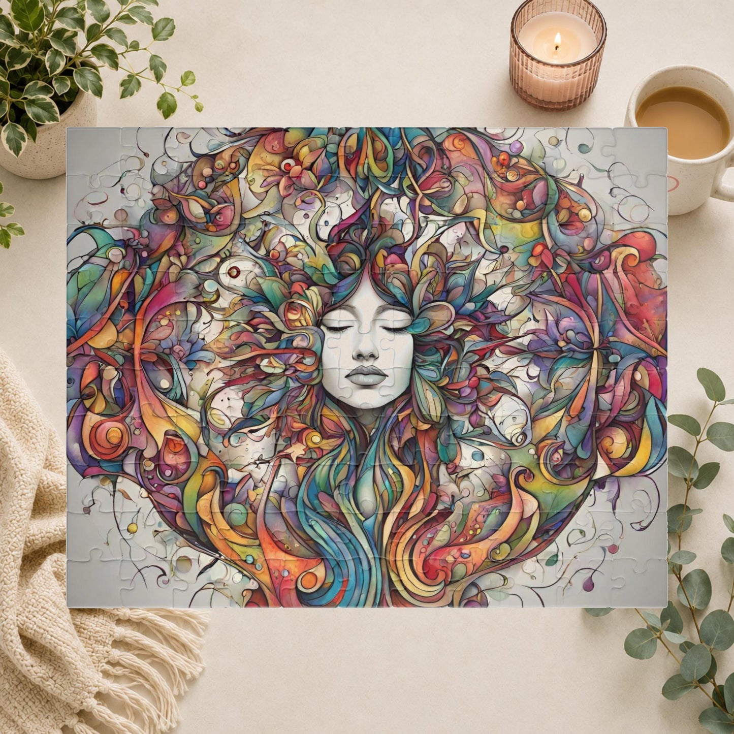 Creative Expression - Psychedelic Woman's Portrait Puzzle with Colorful Swirling Vines and Flowers