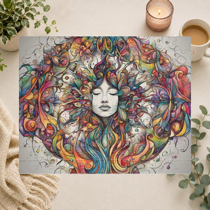 Creative Expression - Psychedelic Woman's Portrait Puzzle with Colorful Swirling Vines and Flowers