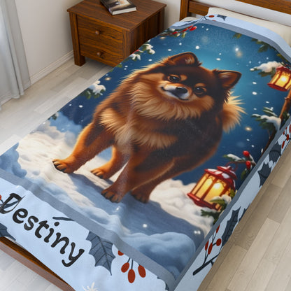 Pomeranian Chocolate and Tan personalized winter throw with fluffy Pom art in a glowing snowy lodge background