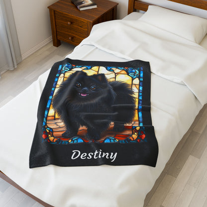 Pomeranian Black - Velveteen Plush Stained Glass Dog Blanket - Personalized Pet Blanket, Pomeranian Lover Gift