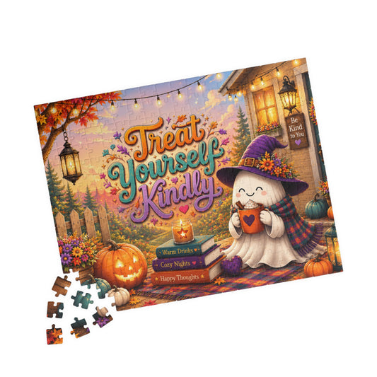 Treat Yourself Kindly Halloween Puzzle - Cozy Ghost with Warm Drink, Pumpkins, and Fall Lights
