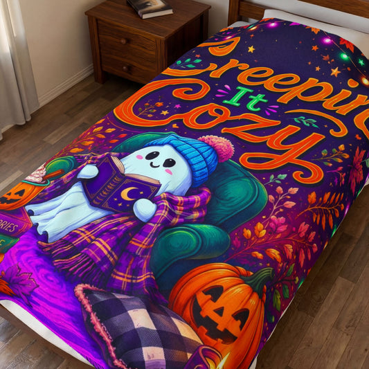 Creepin It Cozy Velveteen Blanket - Ghost Reading in Armchair with Pumpkin Spice and Stay Cozy Candle