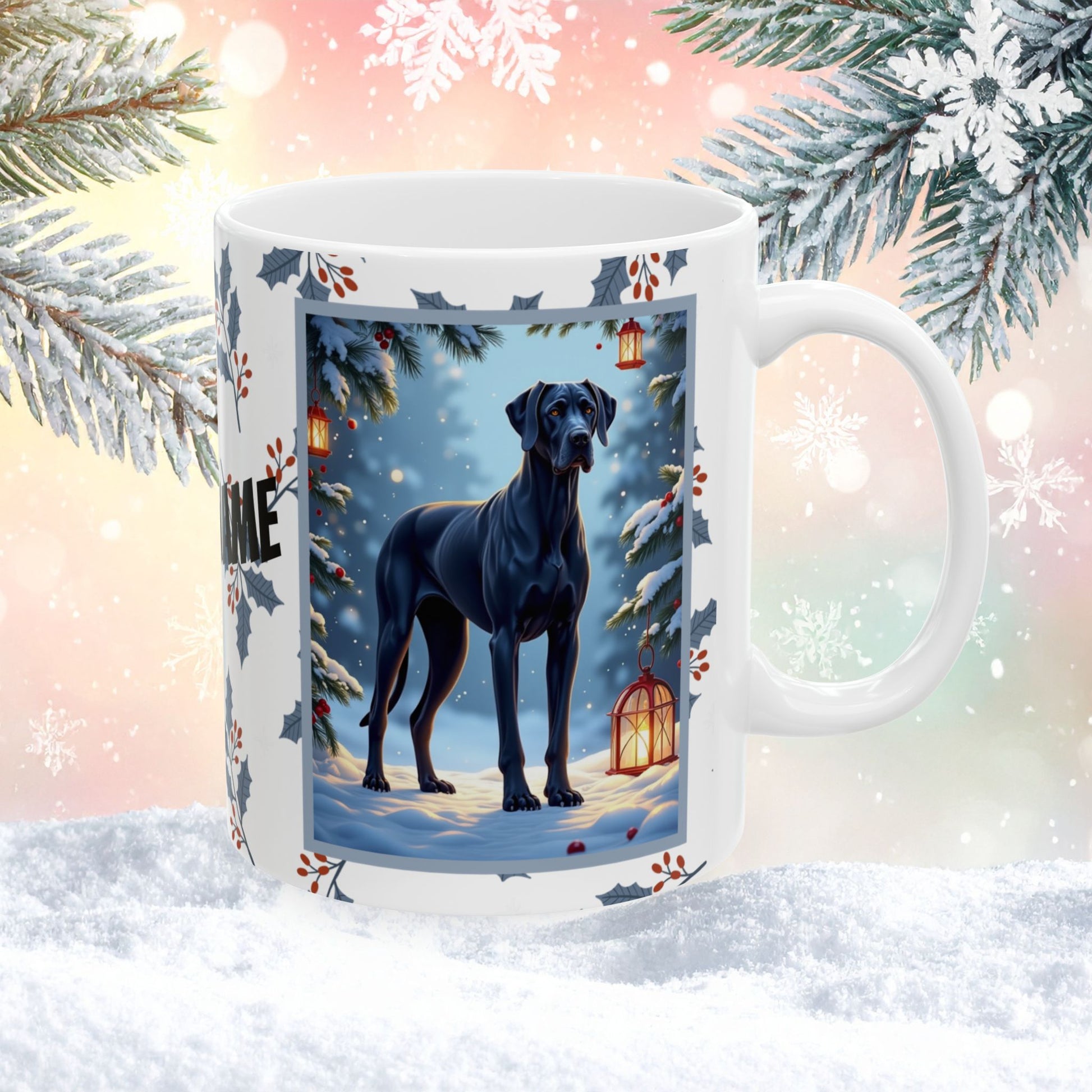 Great Dane (Blue) Winter Mug - blue Great Dane artwork standing calmly in a cozy winter scene with pine accents
