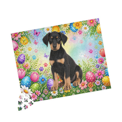 Doberman (Black & Tan) Easter Puppy Puzzle - Spring Garden with Eggs, Tulips, and Daisies