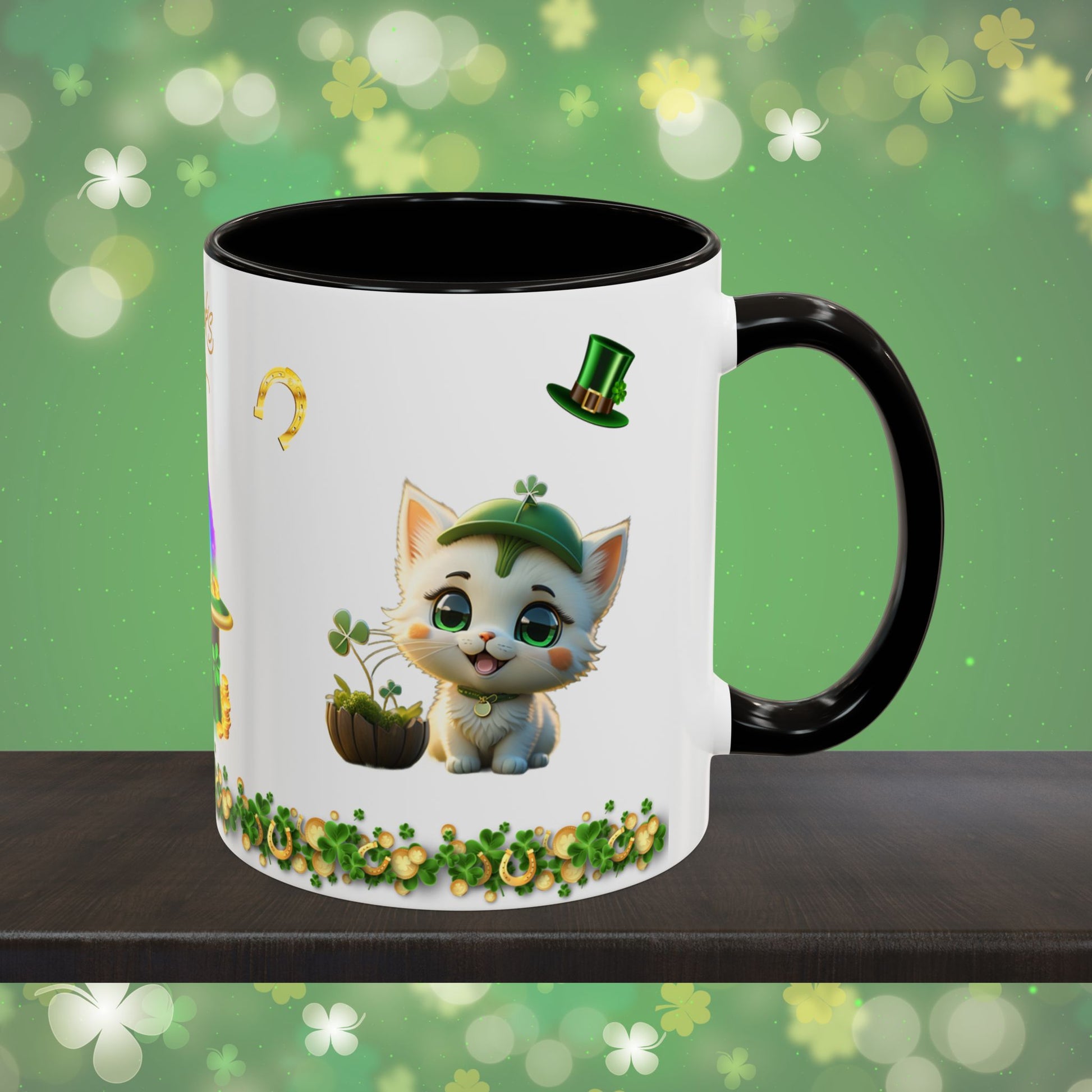 Clover Comfort Cat: St. Patrick's Day Two-Tone Coffee Mug - Festive Ceramic Mug for Positivity & Mindfulness