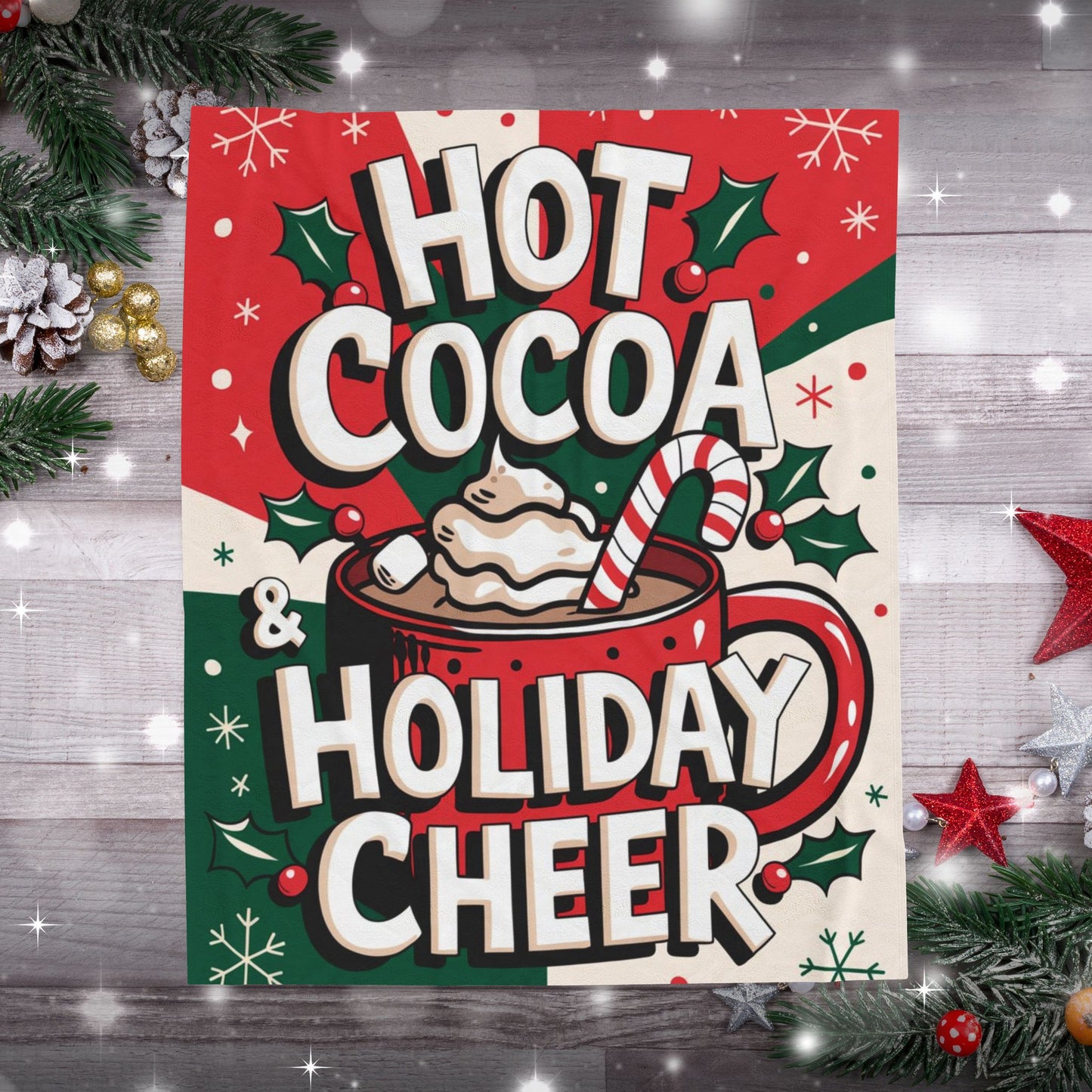 Holiday blanket “Hot Cocoa & Holiday Cheer” soft cozy throw with winter Christmas theme