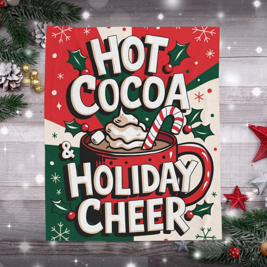 Holiday blanket “Hot Cocoa & Holiday Cheer” soft cozy throw with winter Christmas theme