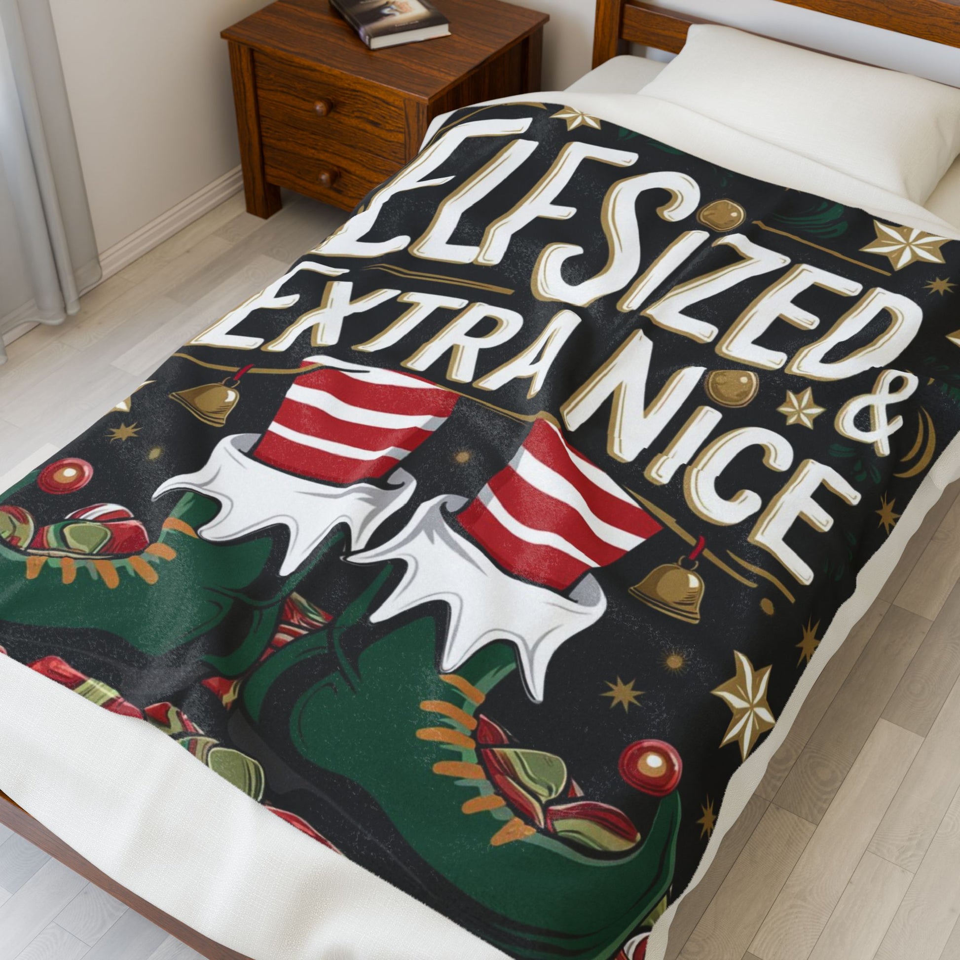 Cute Christmas blanket “Elf Sized & Extra Nice” cozy holiday throw for festive winter comfort