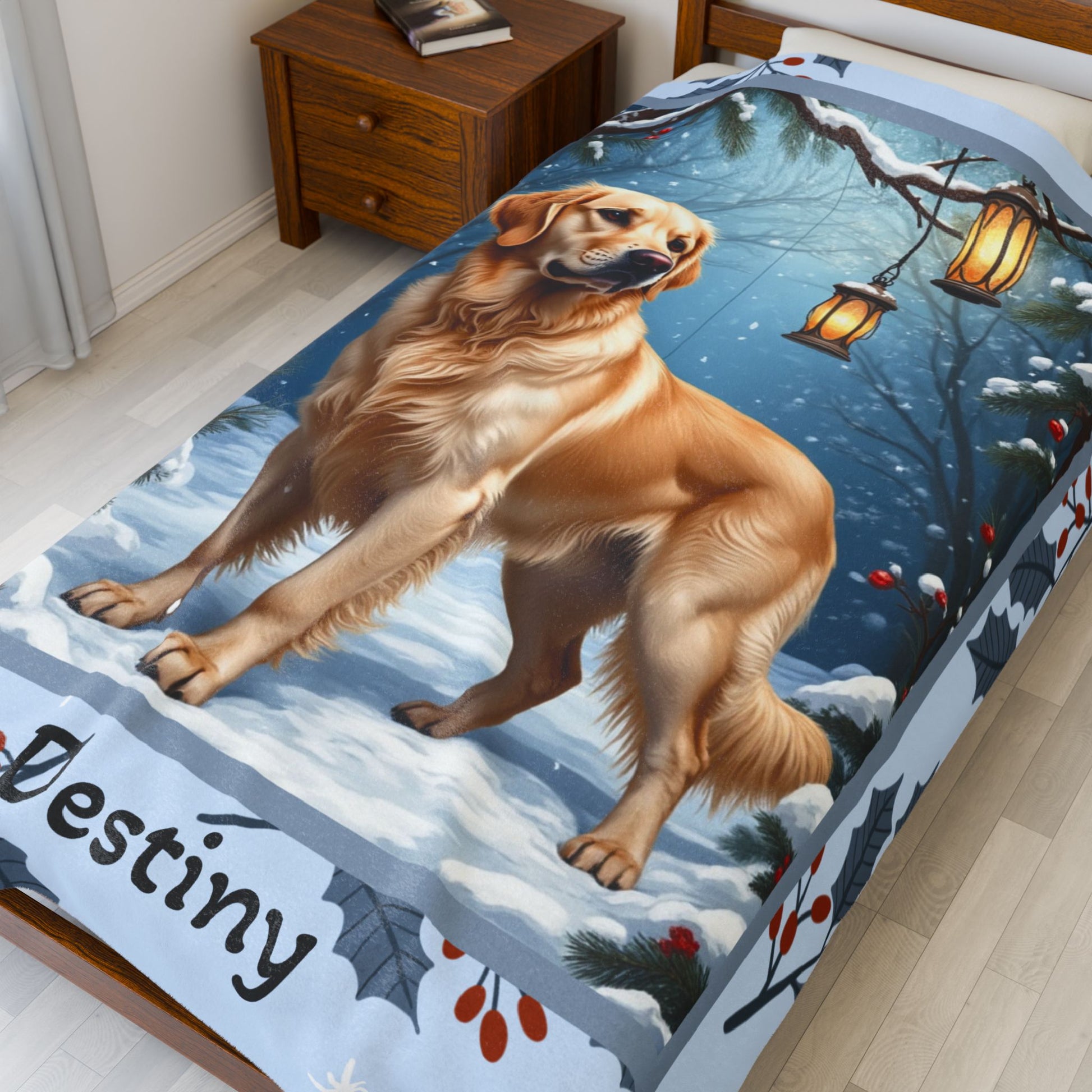 Golden Retriever Cream personalized winter throw featuring a smiling Golden Retriever in cozy snowy lodge décor