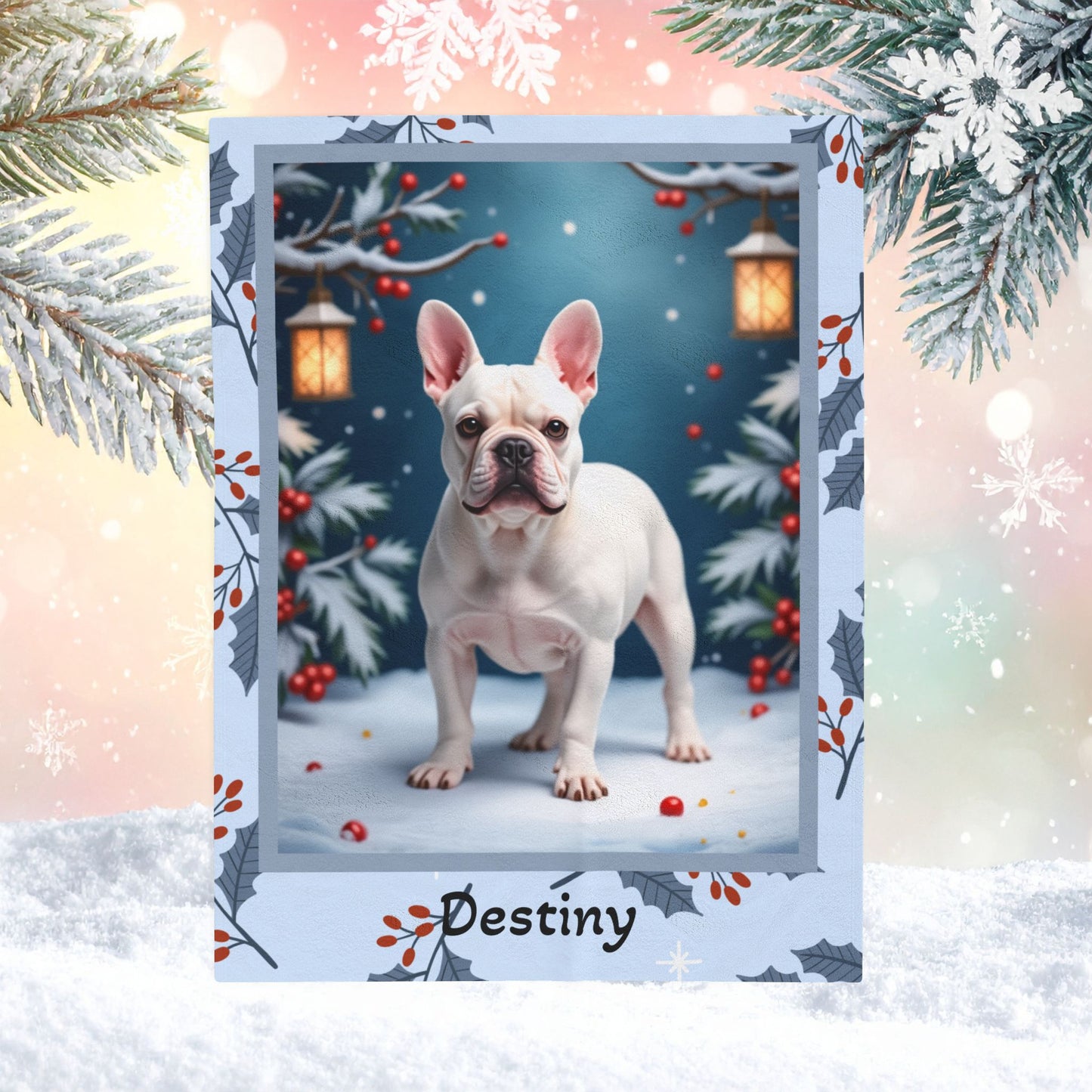 French Bulldog White custom winter blanket featuring a Frenchie in a bright lodge-style winter illustration