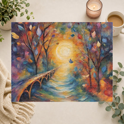 Bridge to Healing - Watercolor Landscape Puzzle with Glowing Path, Stone Bridge, and Colorful Floating Leaves