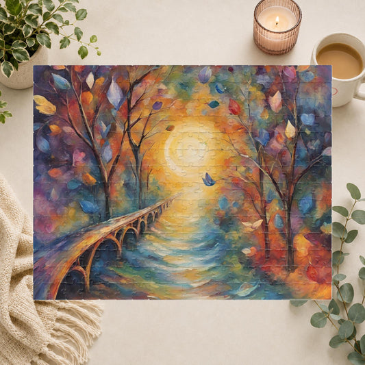 Bridge to Healing - Watercolor Landscape Puzzle with Glowing Path, Stone Bridge, and Colorful Floating Leaves