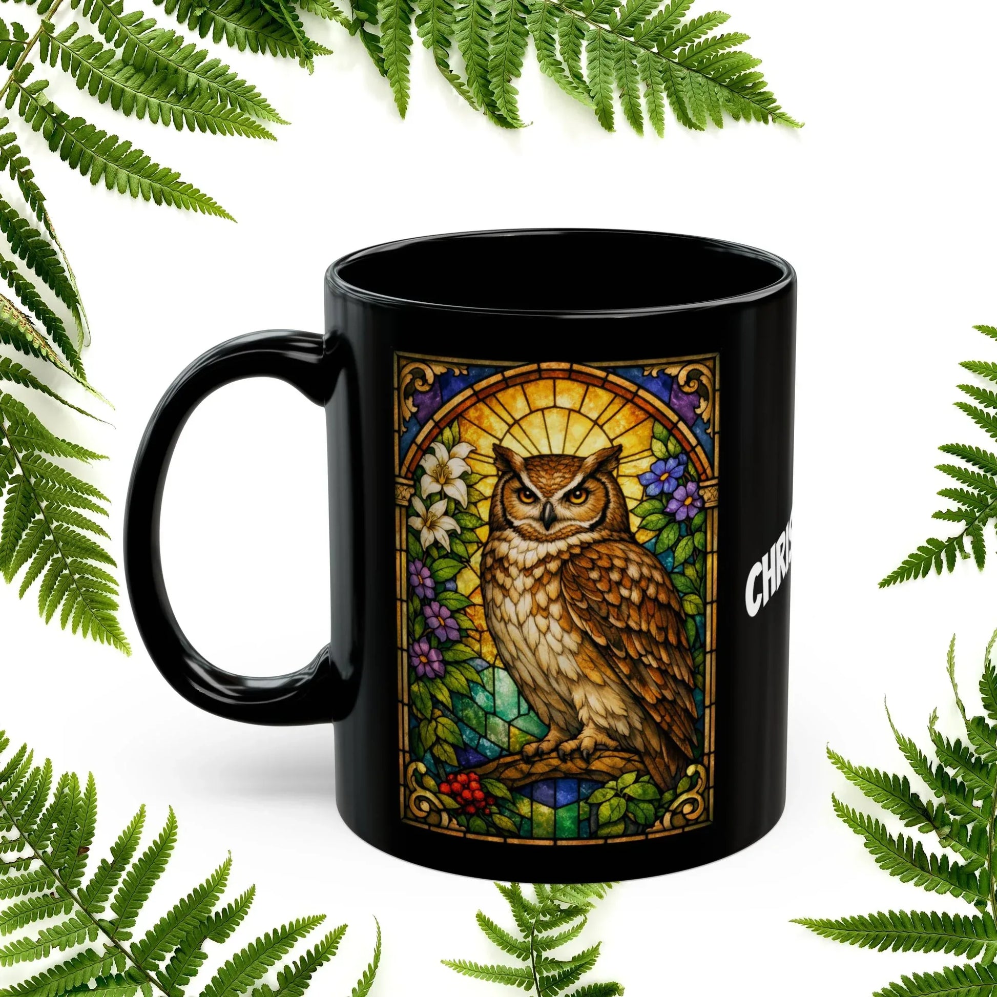 Shop our premium owl stained glass style black mug from MySisterIsASurvivor.