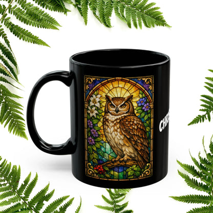 Shop our premium owl stained glass style black mug from MySisterIsASurvivor.