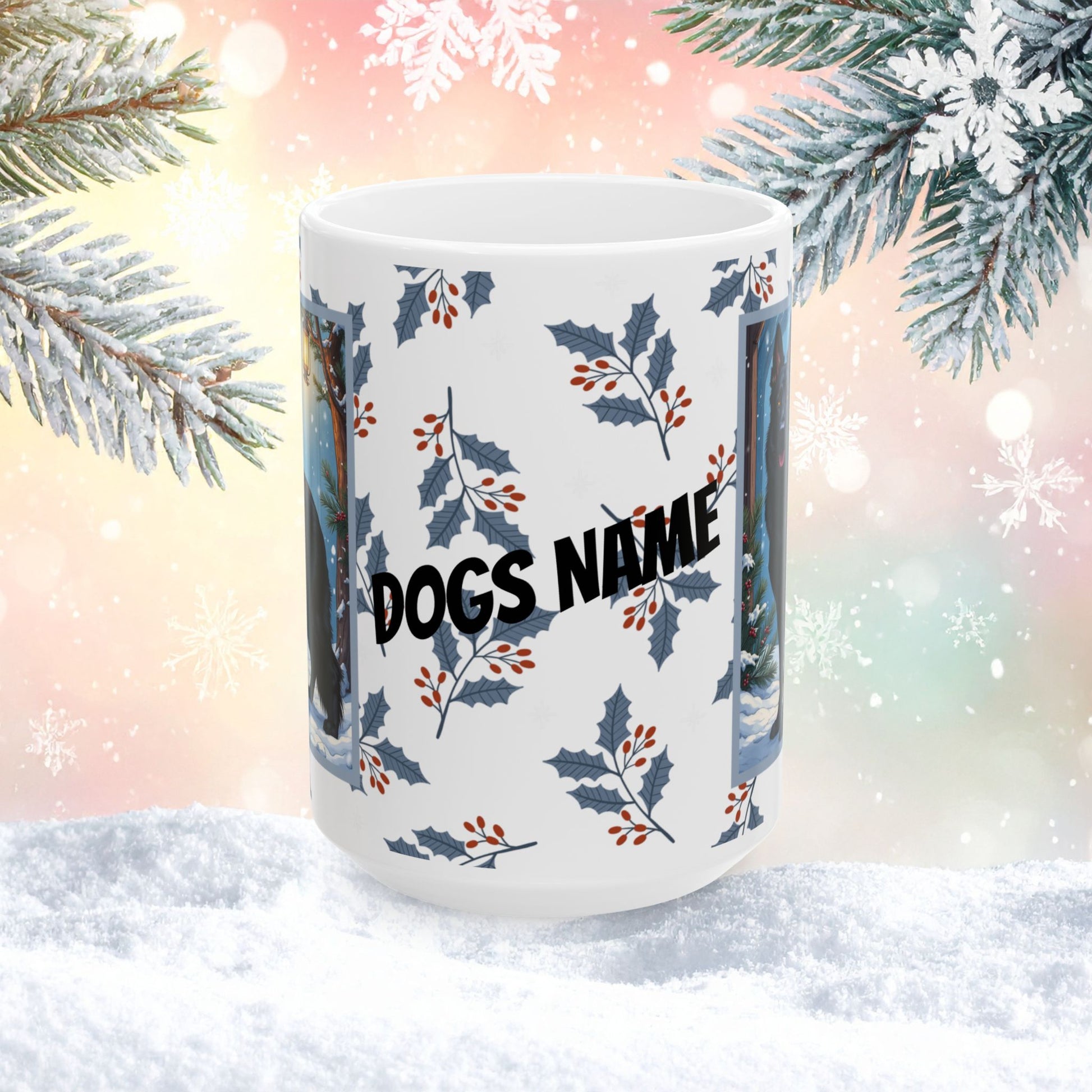 German Shepherd (Black) Winter Mug - black German Shepherd illustrated standing alert in a winter setting with snowy landscape